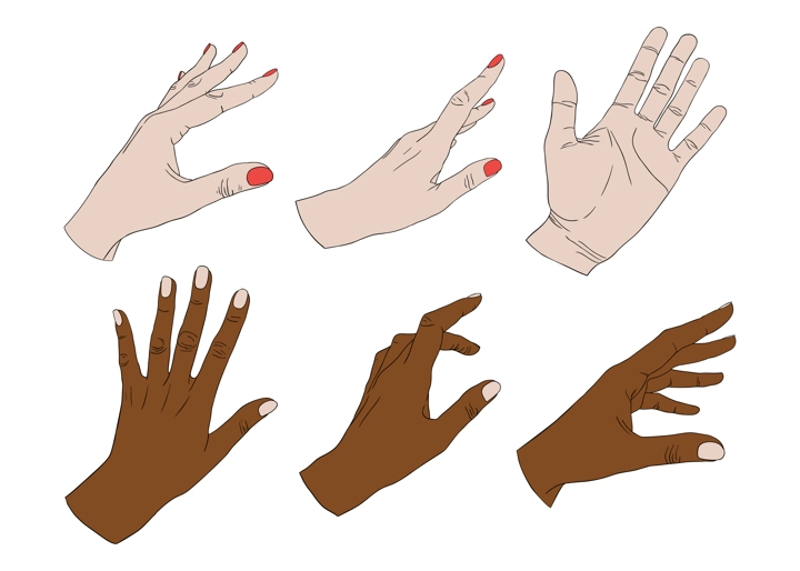 Vector collection of hands in different gestures. Design elements for cosmetics packaging, beauty products, logos, social media. Hand drawn silhouettes hands set.